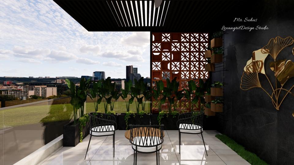 Terracotta brick wall balcony design with planter boxes near railing and black marble accent wall with brass wall mural for modern outdoor balcony