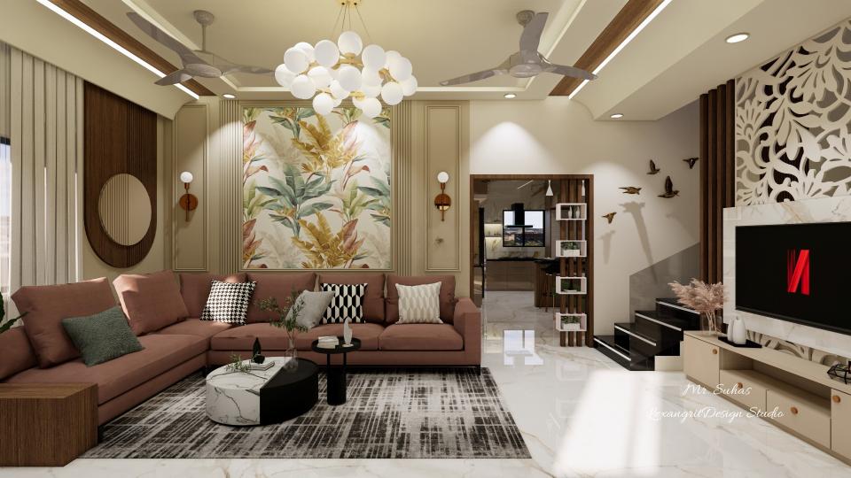 Sofa back wall moulding design with wallpaper and wall lights inside moulding rectangles — L-shaped sofa, round marble-finish centre table and grey textured carpet in a modern living room.