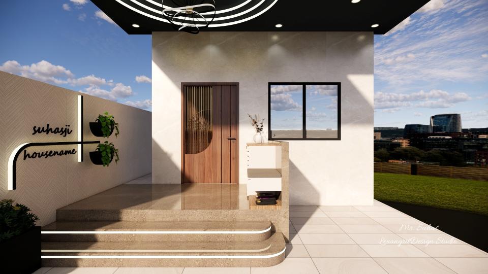This is the Entrance door of the house designed with minimal grooves ,beside we have given a shoe rack and left wall has been highlighted with the name board where we placed two plantery boxes to enhance the wall and lights accordingly ,for flooring we've used Marble with dark grey &brown mixed texture adding lights below the nosing.
