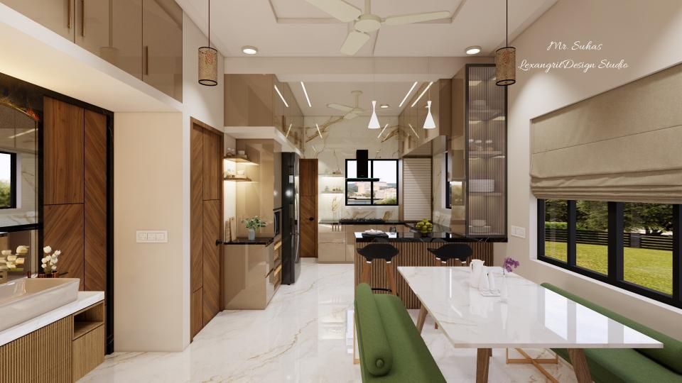 We can see Dining & Kitchen space here ,four seater dining table is given with a traditional cusion seating with green fabric finish with small back rest,as the table top is white textured italian marble finish with wooden legs,kitchen counter is with black quartz stone with a breakfast counter of two seating,Wash basin is given behind the bedroom door with a mirror and counter top basin with storage below it .