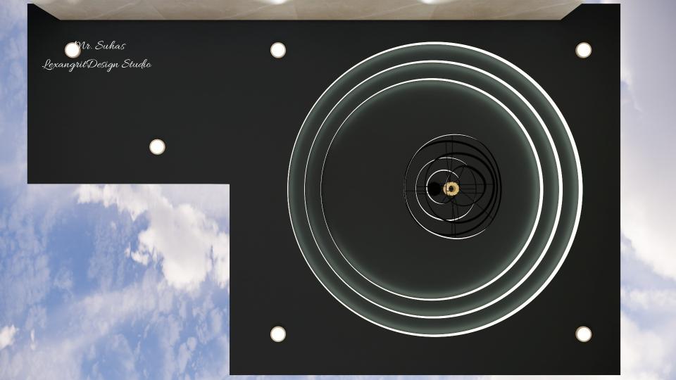 we can see  the ceiling view in this image, where we've designed round ceiling offsets accordingly ,at centre a chandeliar has been given for a grand look.