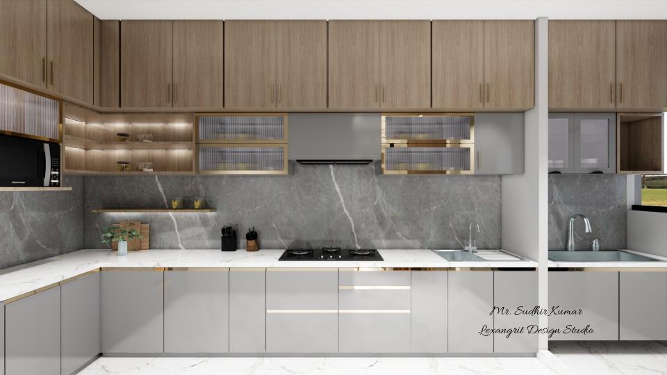 L-shaped modern functional kitchen with veneer wall units, grey laminated base counter, loft storage, drawer units, sink unit and well-planned kitchen triangle.