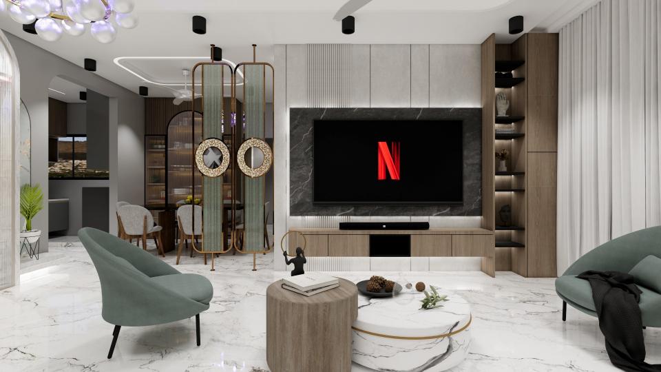 it is a side of a living room design having a tv unit with smt or umt black marbel laminated paneling in the back og the tv and wall is designed in a groove cutting cemented textured wall, and left side a matt wooden laminated vertical storage unit having open and closed units, and below the tv a matt wooden laminated floating vanity unit. in the right a golden ss fluted glass separator, separating living and dinning