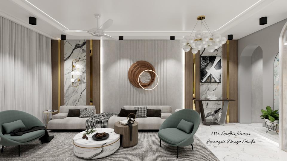 Modern living room design featuring a 6-seater I-shaped sofa with green contrast chairs and a marble-finish coffee table. The wall showcases a white textured finish with a golden strip for wall design, complemented by marble-finish UV sheets on both sides and a white fluted wall design living room setup with a glossy golden art piece in the center. From the foyer side, a sleek console table enhances this elegant fluted wall living room and design modern living aesthetic.