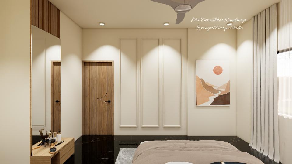 A bedroom dead wall brought to life — molding frames the space, photo frames fill it, and a blank canvas becomes a gallery.