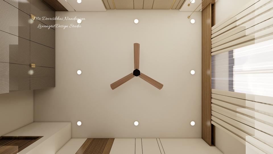 A bedroom plain ceiling that works smarter — centre fan for airflow, six panel lights placed exactly where needed, and not a single false ceiling in sight.