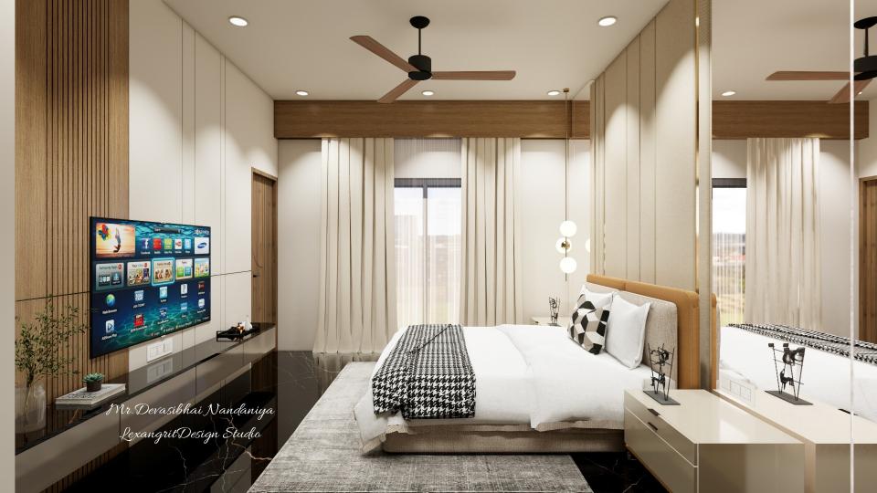 A bedroom where everything has a place - TV unit opposite the bed with layered console, grooved accent wall, pendant light, dressing unit, and cream blackout curtains.