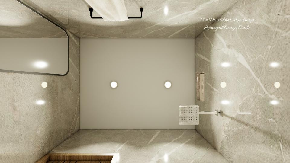ceiling of the bathroom with two receseed lights with warm tone.