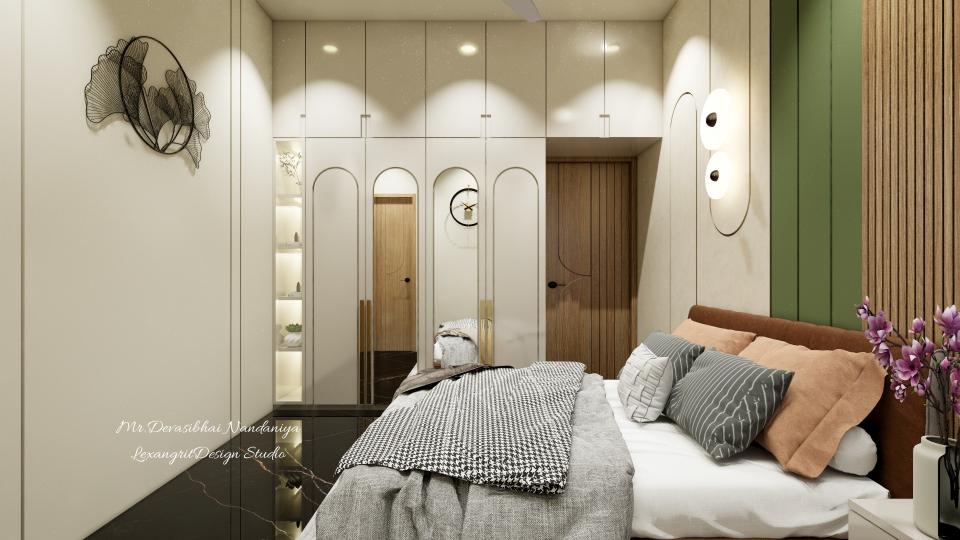 Experience the pinnacle of contemporary design with this stunning bedroom concept. Notice the exquisite soft-arch wardrobe doors and the dramatic contrast of the sage green paneling against the warm wood tones. Every detail, from the ambient cove lighting to the sculptural wall art, is thoughtfully curated, proving that minimalism and luxury can coexist beautifully. A masterclass in stylish, restful living.