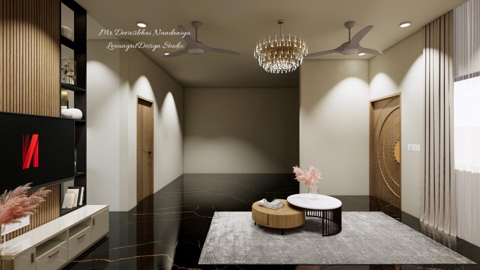 In this image we can see a chandeliar is placed above the centretable ,tv unit wall al tv wall with console table at the bottom,Which is also a partition wall for kitchen & living Area,tv back is designed with combination of vertical wooden finish rafters & open storage partiton beside with black duco finish,for console unit golden linear handles are given, main door designed with half circled cnc cut with a brass handle and wooden duco finish.