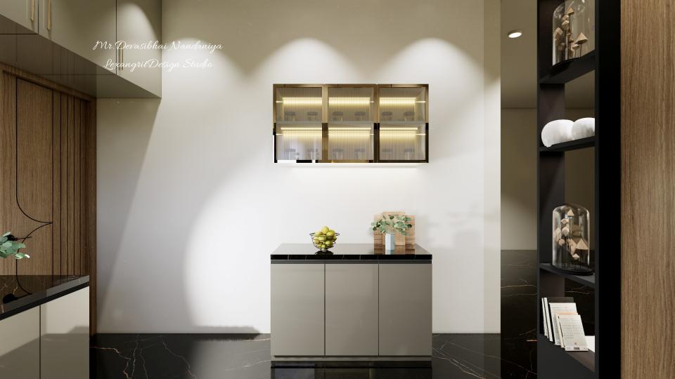 In this image we can see a counter with lower storage with beige acrylic finish & upper storage of Brass framed fluted glass ,for flooring black & gold textured italian marble is used