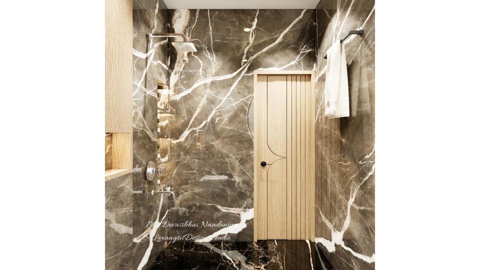 In this image we can see a niche for minimal storage beside shower,wall with full height black & white textured tiles,flooring with black & gold textured tiles,towel hanger beside the door.