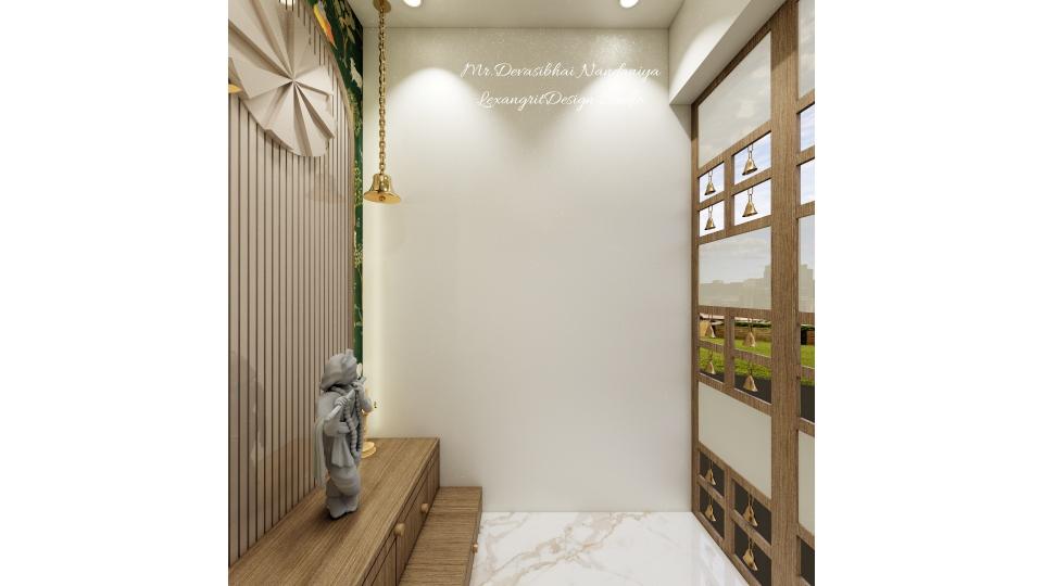 In this image we can see a view of pooja room,doors are designed with teak beading with wooden finish & combination of fluted glass with bells for Aesthetic purpose,Flooring is designed with brown and white textured italian marble,idol counter storage designed with wooden laminate finish and back wall with relevant wallpaper with semi curve grooves.
