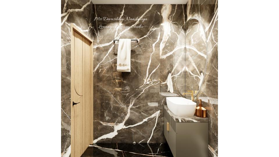 In this image we can see bathroom with counter top wash basin with black & white italian finish with semi curved mirror ,wall with full height black & white textured tiles,doors are with wooden laminate finish with groove design,towel hanger is placed beside door wall.