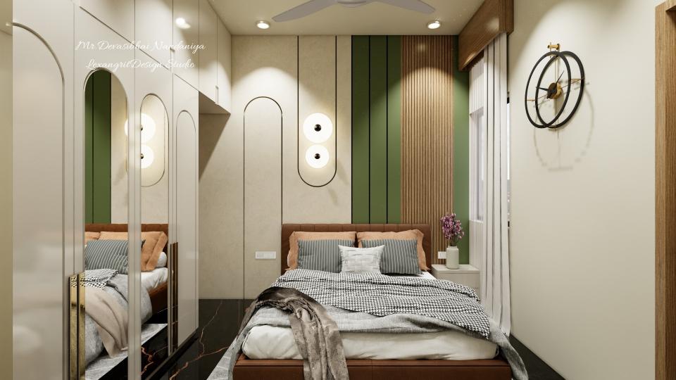 In this image we can see Bed back design with a miniamal arches in grey textue paint with a combination of brown rafters,on left wall we can see wardrobe with a mirror on the shutter with golden linear handles ,flooring with black italian marble texture.