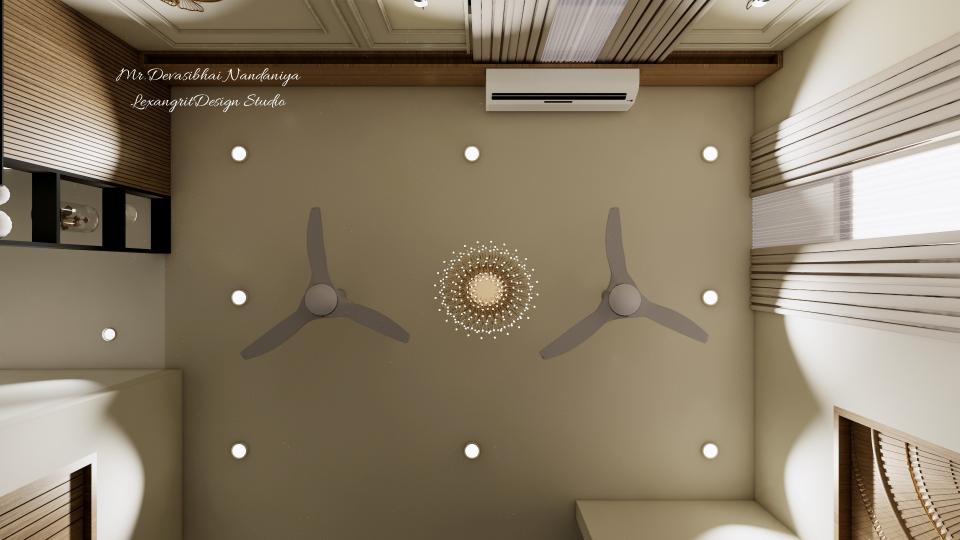 In this image we can see ceiling with a chandelair at the centre & two fans on both sides with ceiling lights accordingly.