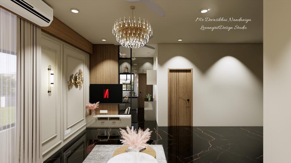 In this image we can see Full height vertical tv wall with console table at the bottom,Which is also a partition wall for kitchen & living Area,tv back is designed with combination of vertical wooden finish rafters & open storage partiton beside,flooring is designed with black & gold italian marble