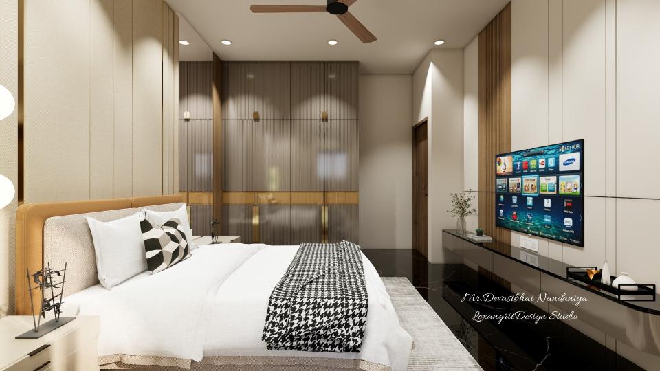 In this image we can see Full height wardrobe with vertical grooves pattern and a brass patch at the middle with long brass handles & short handles for loft,Bed headboard is made of cusion with Tan brown leather fabric finish.