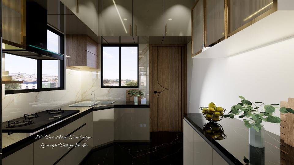 In this image we can see Kitchen cabinets with beige acrylic finish & black quartz counter top ,middle storage units are designed with brass framed fluted glass &loft designed with beige arcylic finish wth gold linear handles,SS sink is been used & for flooring black & gold textured italian marble is used,dado tiles are in combination of Brown & white textured finish,door is designed with wooden laminate finish with linear grooves.