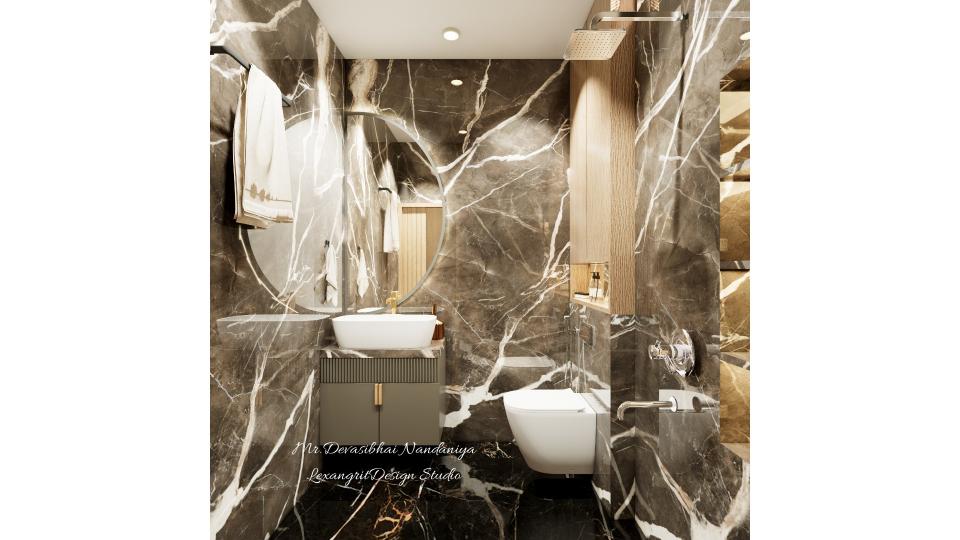 In this image we can see Wall mounted Wc with storage on top,counter top wash basin with black & white italian finish with semi curved mirror with light,owel hanger beside the door,niche for minimal storage beside shower.