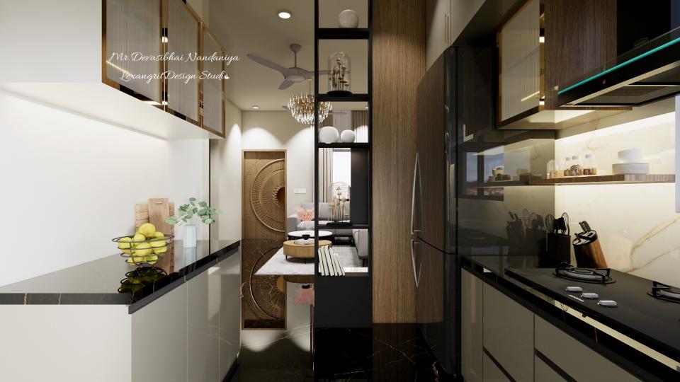 A parallel modular kitchen opens to the living room through a wooden open shelf partition — cook, display, and connect without building a wall.