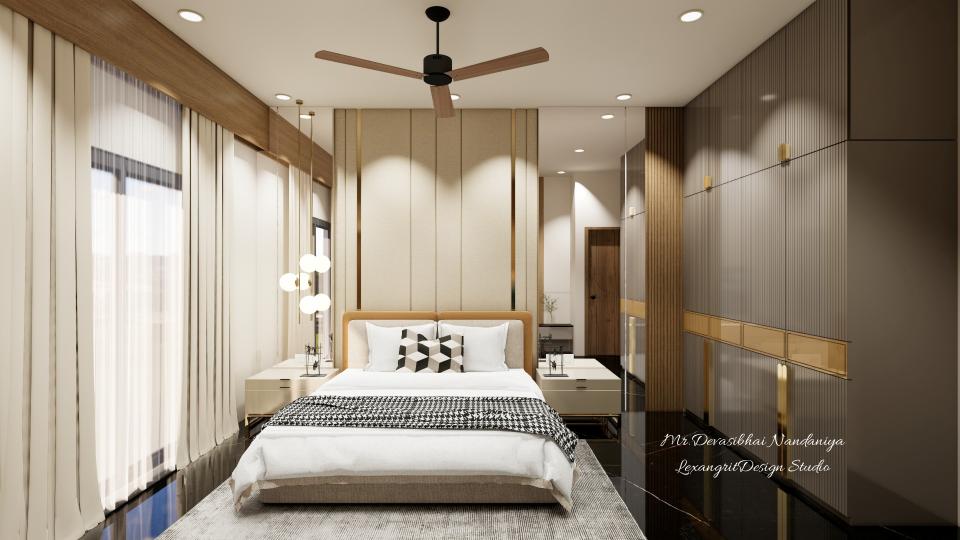 A master bedroom wrapped in warmth and intention — golden metal strips on the bed back, a vanity with mirror, glossy brown laminate wardrobe, and black PGVT tiles below.