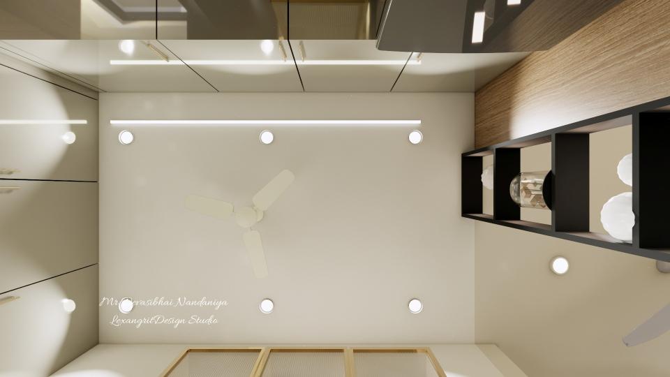 A plain kitchen ceiling that means business — linear profile light tracing the edge, a fan at centre, and panel lights exactly where you need them.