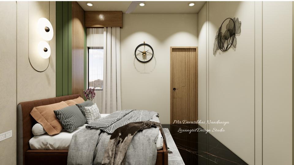 • Step into a serene sanctuary where warm earth tones and rich wood accents blend seamlessly with a muted green feature panel for a naturally calming vibe.• Plush layered bedding and textured throws create an inviting, hotel-worthy comfort zone that beckons you to unwind.• Sleek wall sconces and a statement metal wall sculpture serve as sculptural focal points, adding modern elegance without clutter.• Soft, diffused daylight streams through sheer curtains, highlighting clean lines and elevating the room’s airy, minimalist aesthetic.• Perfect for clients craving a stylish yet cozy retreat, this design balances timeless sophistication with everyday livability.