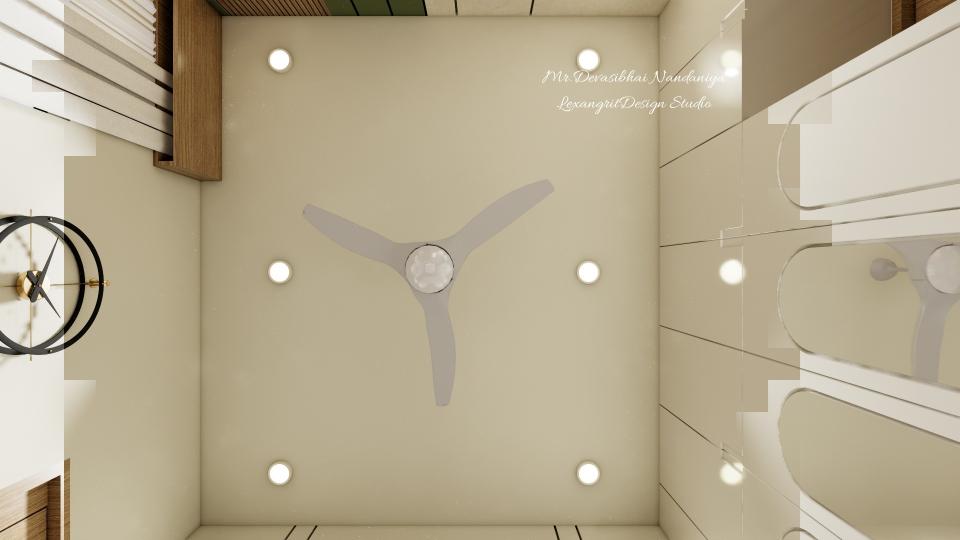 This ceiling design exemplifies sleek, uncluttered modernity. The strategically placed recessed lighting provides a warm, even glow that beautifully illuminates the entire room, avoiding harsh shadows. Complemented by a minimalist ceiling fan, it ensures both comfort and a clean aesthetic, contributing to an overall sense of refined spaciousness.