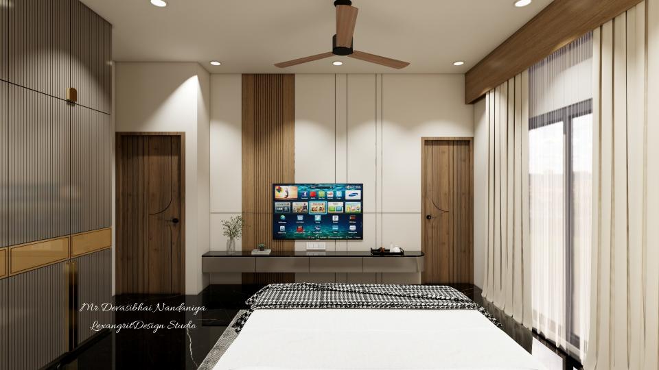 A TV wall that thinks it's architecture — brown glossy floating vanity, black textured counter, grooved wood and beige panels, and matching laminate doors.