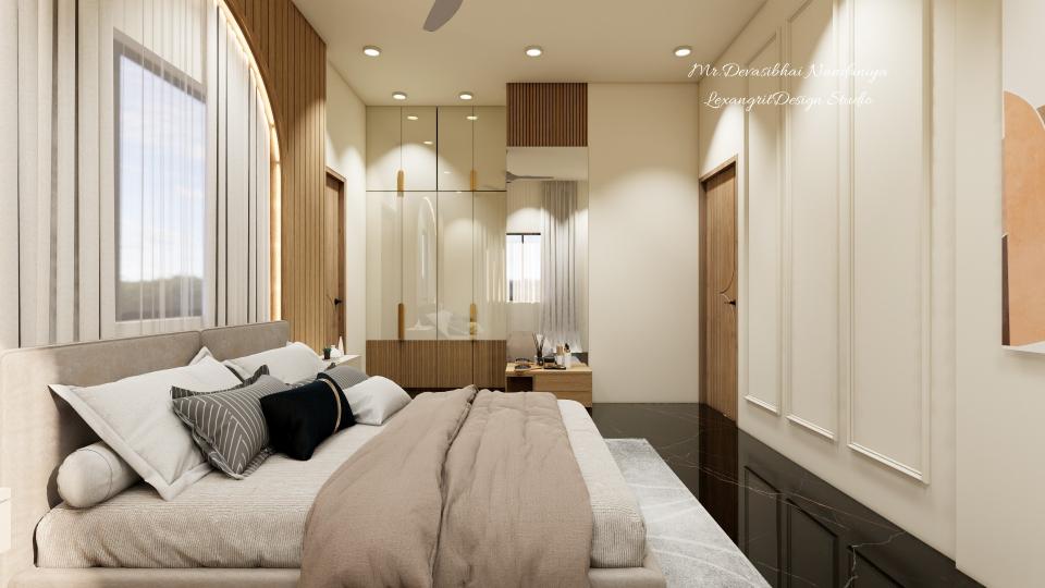Contemporary bedroom with two four-shutter HDHMR wardrobes in glossy beige laminate and fluted detail, golden linear handles, and adjacent minimal wooden laminate dressing unit