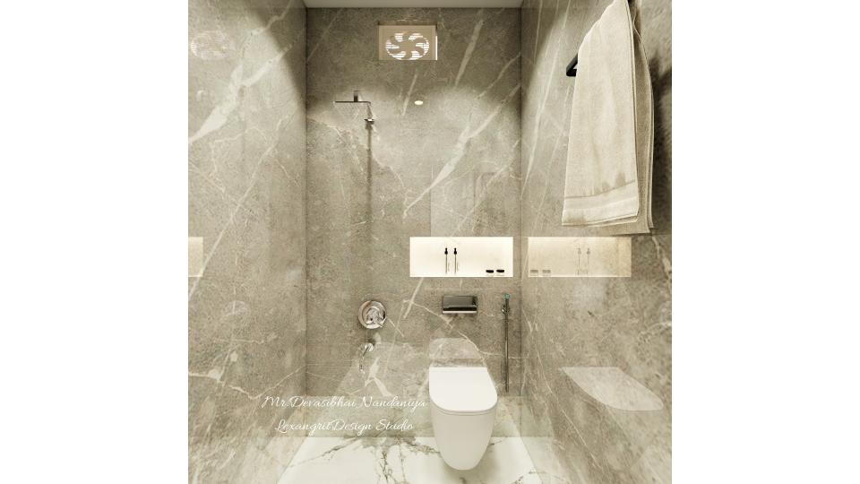 WC with niche storage with full wall tiles of grey italian marble texture, right wall we can see towel hanger,for flooring white italian marble with combination of black shades.