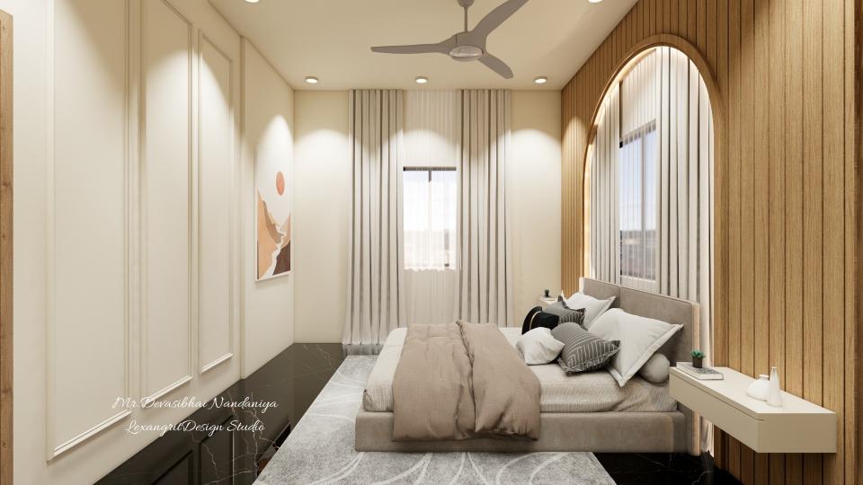 window wall with full height curtains with the combination of beige & blackout shades,on left wall we can see combination of rectangular beading frames,on right wall we can see bed back arch shaped design.