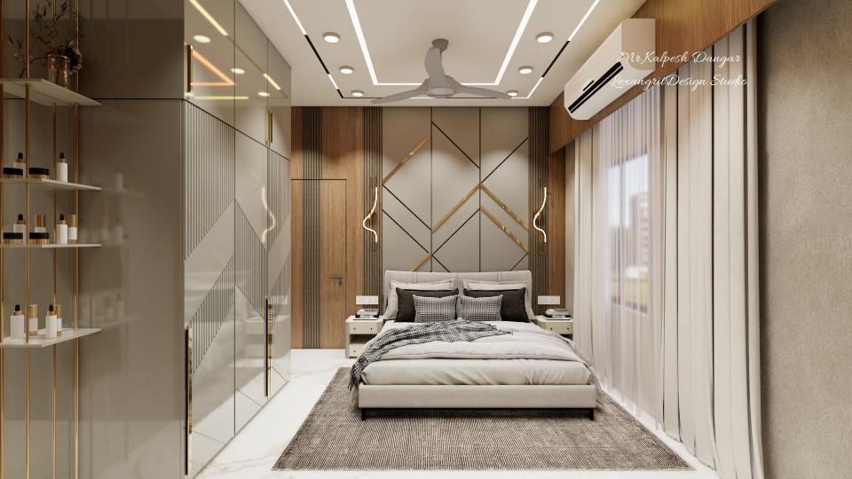 Bed back with golden T and louvers