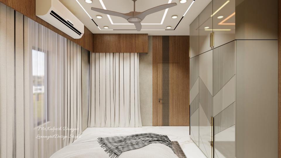 Bed front window cover in full height cuirtain hanging from wooden pelmet