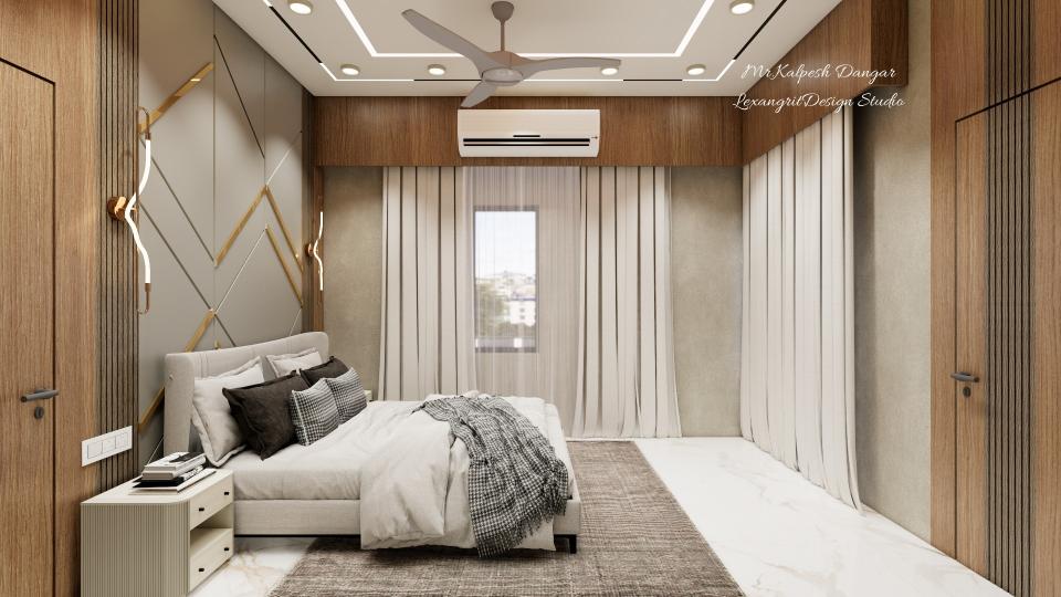 Bed side window cover in full height cuirtain hanging from wooden pelmet