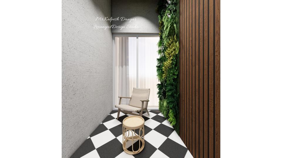 Cozy arm-chair with tea table behind the glass slider