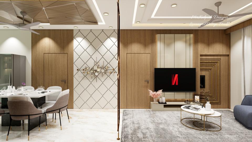 Living room and dining area combined design with TV unit and main door wall and dining table in Jamnagar villa