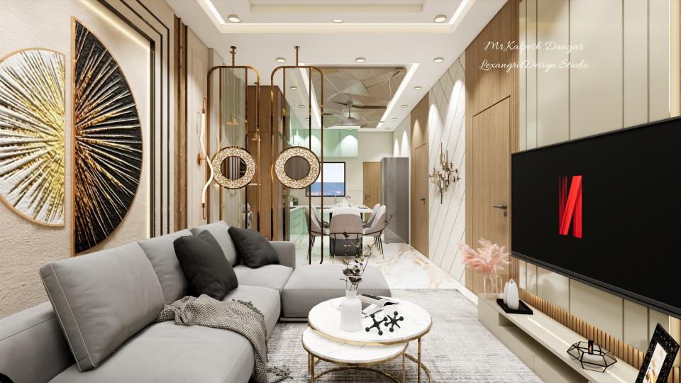 Living room and dining room combined with designer glass and golden metal separator