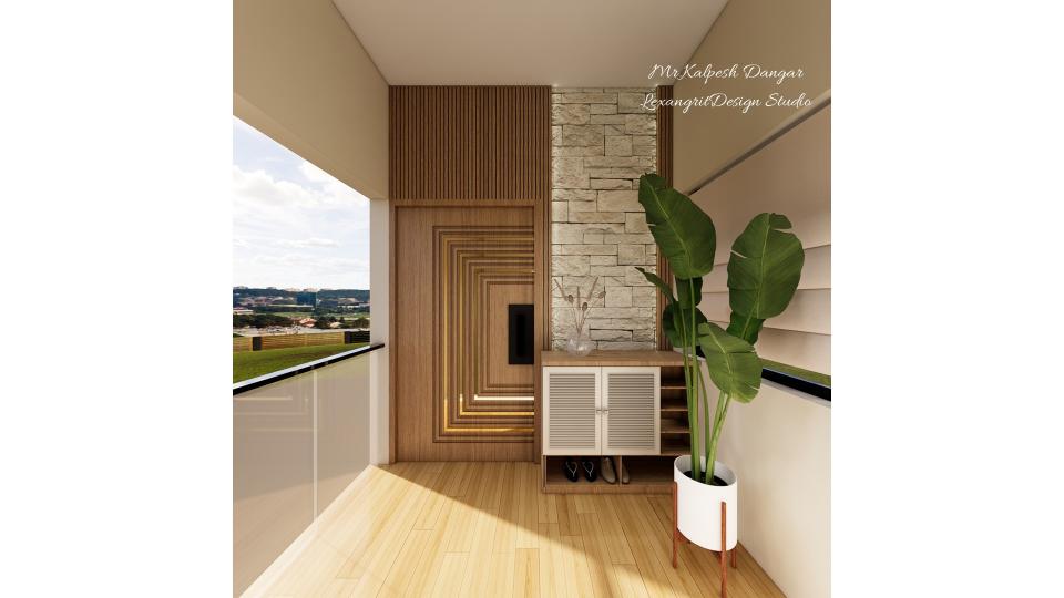 main door design in wood with a golden strip and c-shaped parallel groove cutting, open white shutter shoe unit, wall is designed with 2 sided wpc wooden louvers and 3d texture tiles. you can also use pu stone sheet with main door design with golden strip instead, for a budget-friendly option