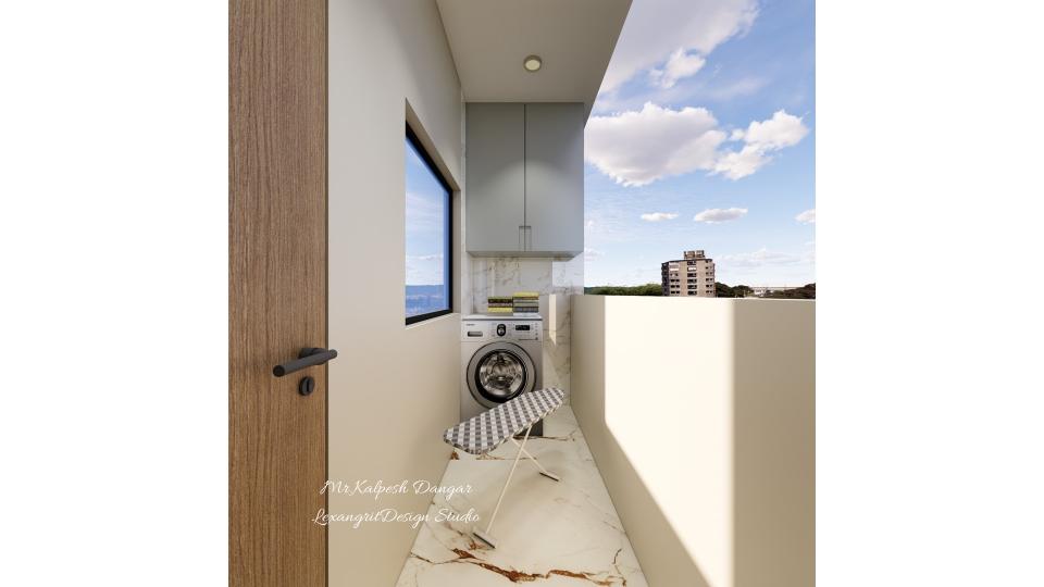 A narrow enclosed balcony laundry area featuring a white front-loading washing machine, grey overhead wall cabinets, outside of the room, and a folding clothes drying rack on a marble-patterned floor with a view of the sky and buildings.