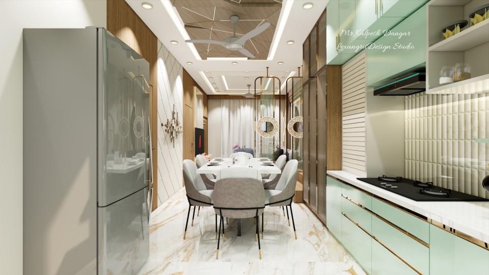 Modern open kitchen with dining area, 6 seater wooden dining table, and full wall crockery unit for elegant storage.