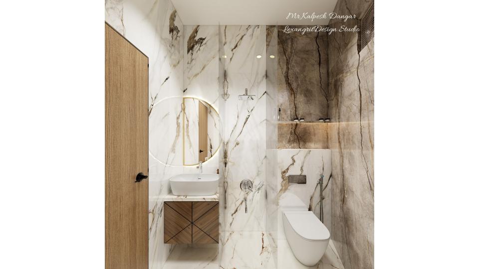 Toilet half moon mirror with sink and hanging vanity euth shower area and WC