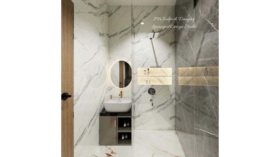 Toilet sink with vanity and shower area