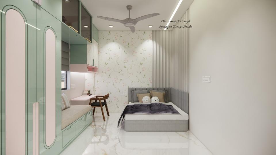 Kids bedroom featuring a mint laminated wardrobe with bay window and study table, baby pink wall cabinet, small bed with sober wallpaper, and white louvers kids bed back design; stylish kids room bed back wall design and bed back design for kids room.