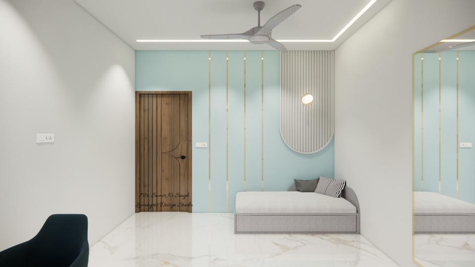 bed room interior design with beautifu; wall panelling with golden strip in light color