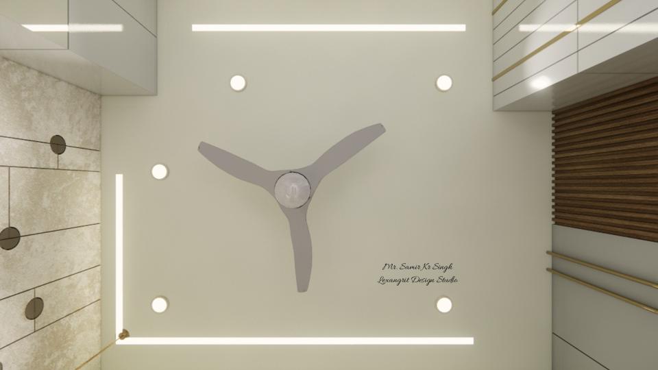 Top view of a plain bedroom false ceiling with an L-shape profile light, a straight profile light, recessed spot lights and a ceiling fan