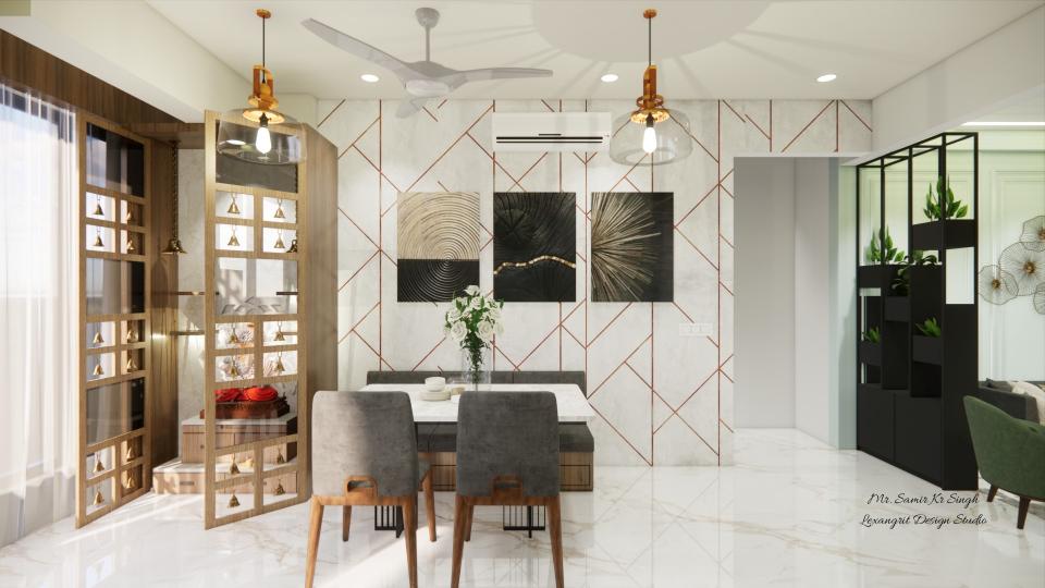 dinning design with dinning table and puja unit