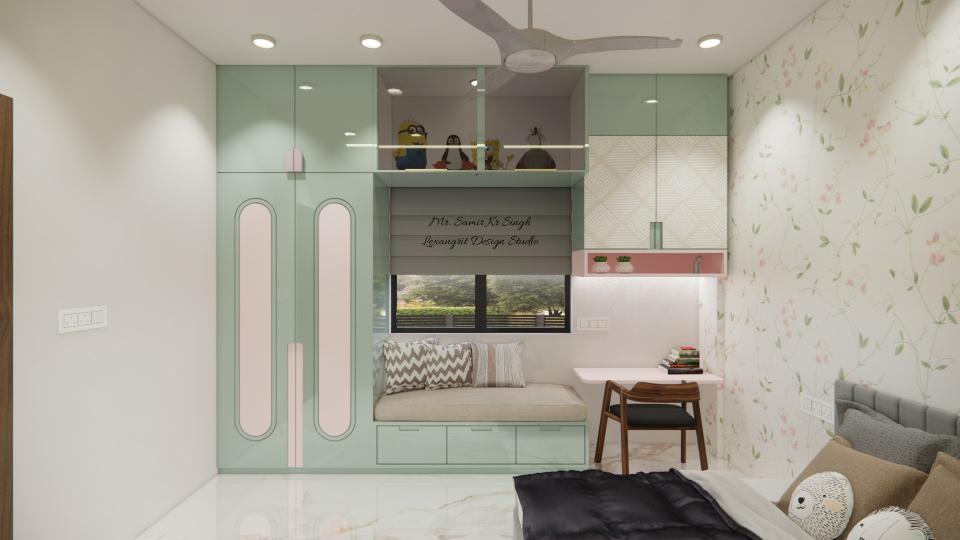 Kids bedroom design with wardrobe with window seating, a glossy mint green wardrobe next to bay window seating and bay window wardrobe integration, featuring a foldable study table and pastel pink–white wall unit for playful functionality.