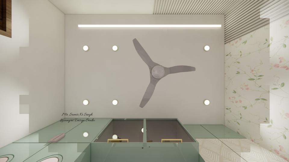 Top view of a kids room false ceiling with a long profile light, six recessed spot lights and a ceiling fan, beside a sage green wardrobe and floral wallpaper